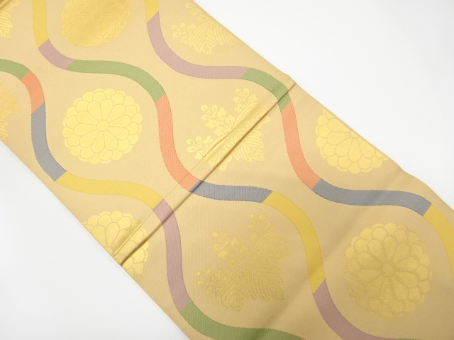 アンティーク　織悦製　立涌に菊・桐模様織り出し全通袋帯（材料）